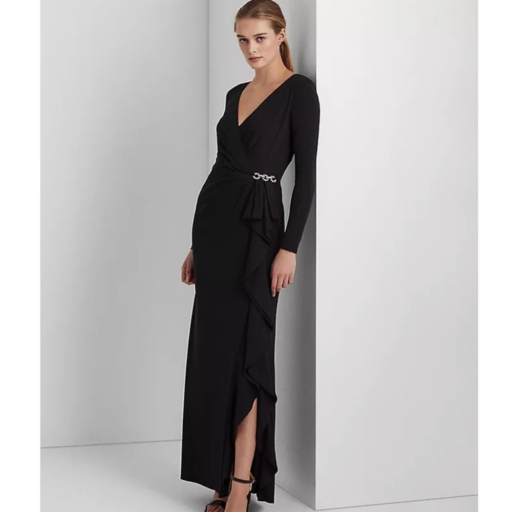 Lauren Ralph Lauren Ruffle Trim Jersey Gown Black Chain Detail Size 14 Formal